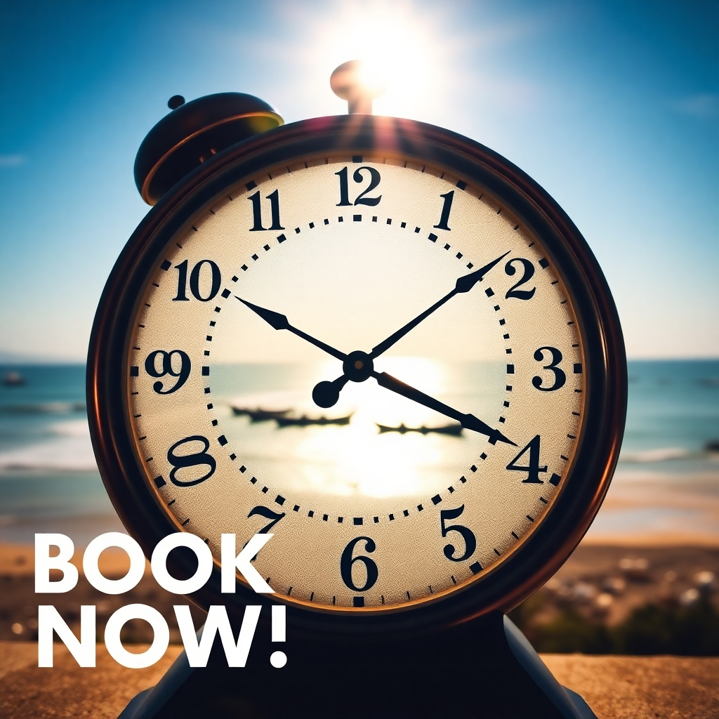 A vintage clock with hands pointing to the future. Behind the clock a beautiful vista of a Costa Brava beach scene under the sun. Emphasis the beauty of the beach and the warm invitation to book it now. Style: Photorealistic with a touch of nostalgia. 