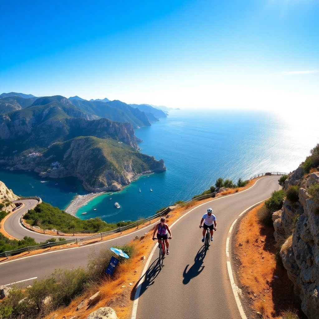 Capture a winding coastal road with stunning views of the Mediterranean Sea and the rugged coastline of the Costa Brava. Include elements like cyclists exploring the area or a couple stopping to take in the breathtaking scenery. The lighting should be bright and sunny, highlighting the natural beauty of the landscape. Style: Travel photography. Focus on capturing the sense of adventure and discovery.