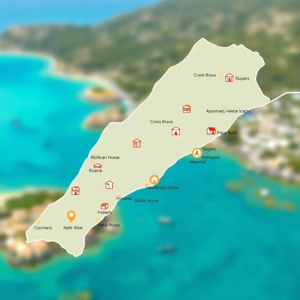 Create a map of the Costa Brava with highlighted locations showcasing prime vacation rental areas. Include subtle icons indicating different types of accommodations (apartments, houses, hotels) in these areas. Overlay this map on a blurred background of a beautiful coastal landscape. The overall design should be informative yet visually appealing, drawing attention to the strategic locations of available rentals. Ensure the map is clear and easy to read. Style: modern map design with pastel colors and line illustrations.