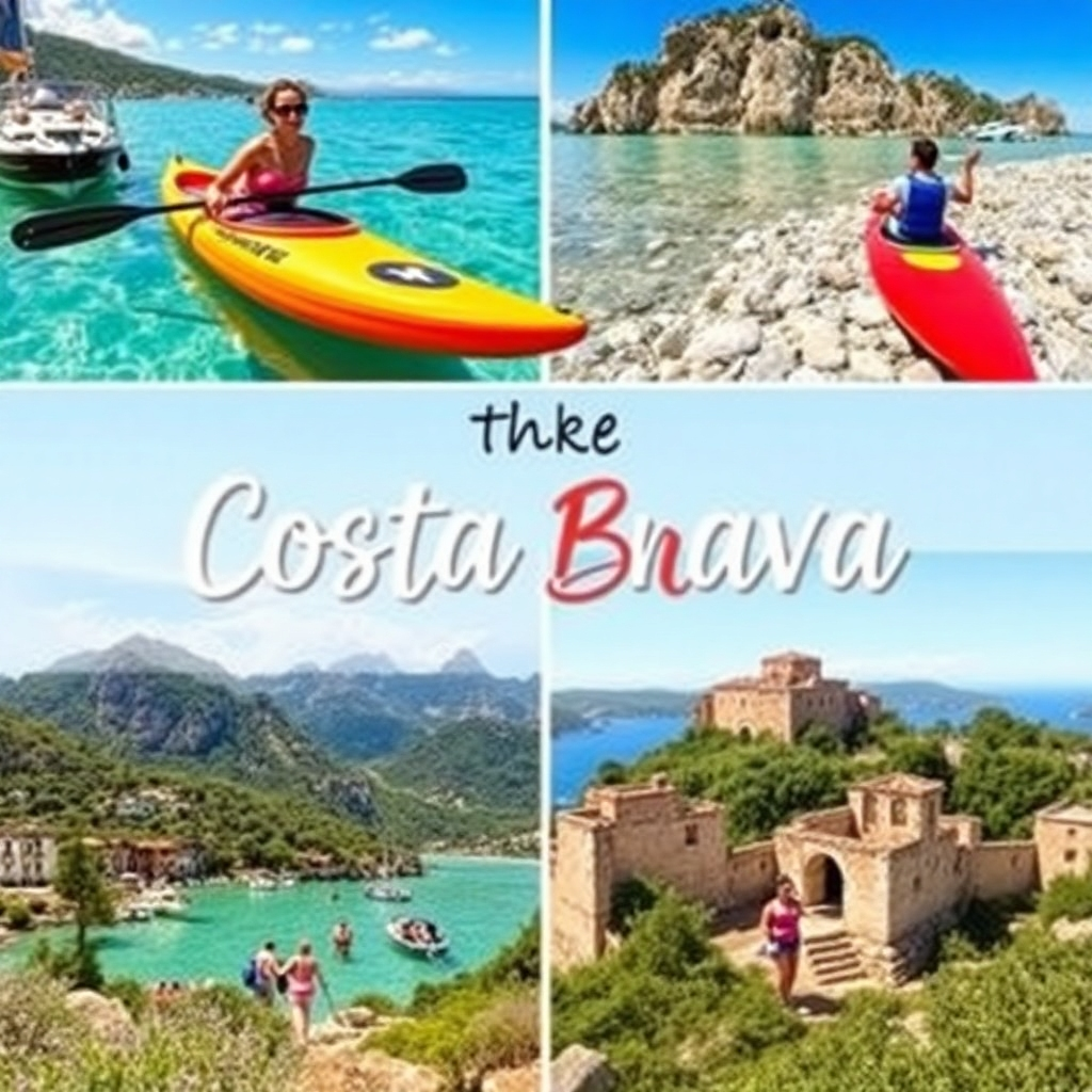 Create a montage of various activities available in the Costa Brava. Include images of people kayaking, snorkeling, hiking in the mountains, and visiting historical sites. The montage should be dynamic and visually appealing, showcasing the diversity of experiences available to visitors. Style: A vibrant collage in the style of a travel brochure.