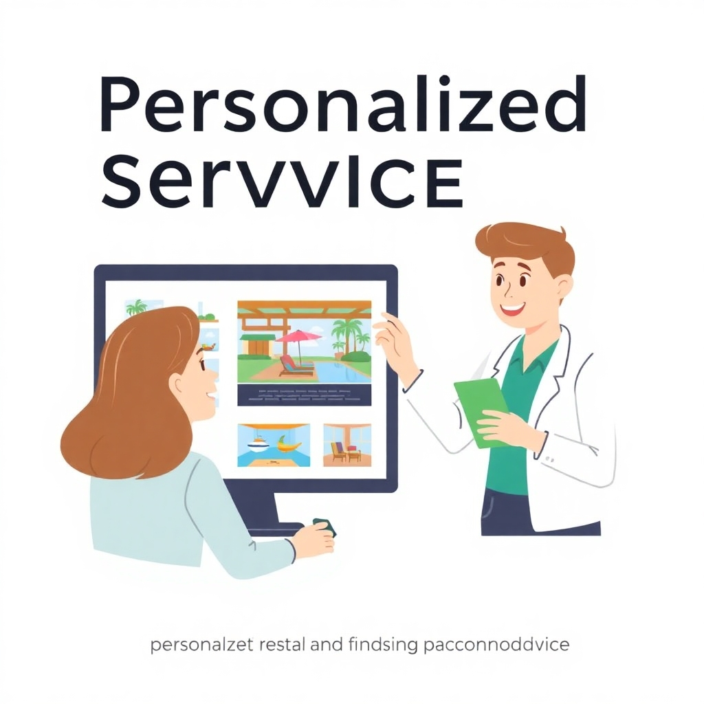 Create a visual representation of personalized service, featuring a friendly travel agent helping a client select a vacation rental from a digital display. Emphasize the human touch and the tailored approach to finding the perfect accommodation. Style: clean illustration with a focus on communication and care.