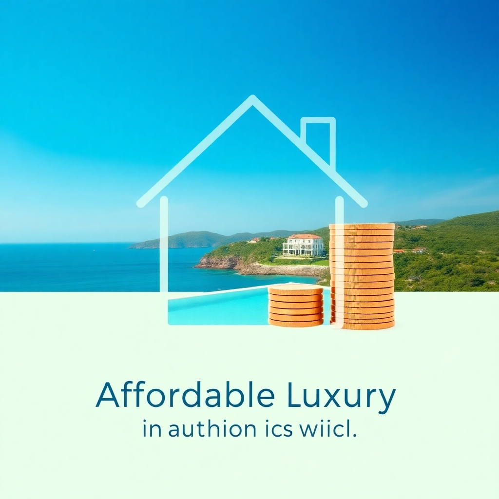 Create a visual representation of value and affordability. Include elements like stacks of coins subtly arranged to form a house shape, overlaid on a picturesque vacation rental scene. Use a color palette that evokes feelings of trust and reliability, such as blues and greens. The overall design should convey the message that affordable luxury is within reach. Style: minimalist design with a focus on visual metaphors.