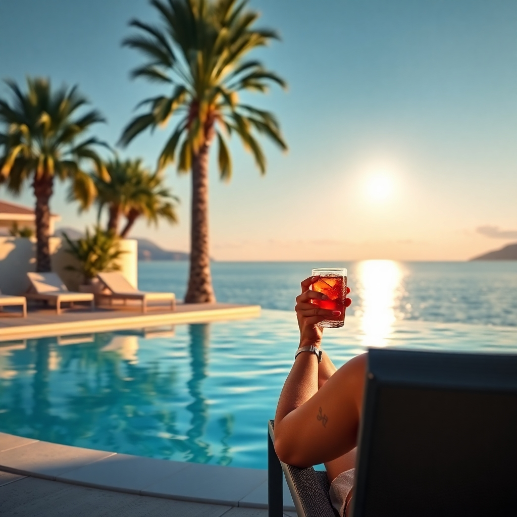 Depict a serene scene of someone relaxing by a pool with a refreshing drink, overlooking the Mediterranean Sea. The setting should be tranquil and luxurious, with elements like comfortable lounge chairs, palm trees, and soft lighting. The overall image should convey a sense of relaxation and well-being. Style: Hyperrealistic rendering with focus on lighting, shadows, and water reflection.