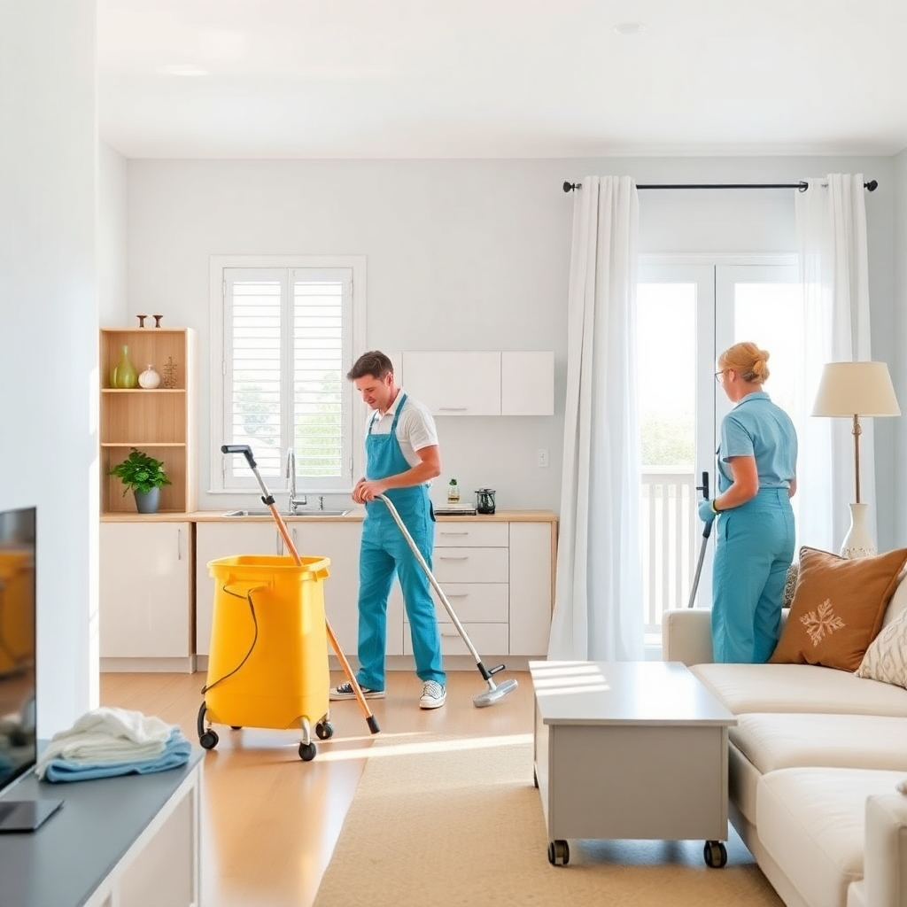 Depict a sparkling clean vacation rental with a cleaning crew putting the finishing touches on the space. Emphasize the cleanliness and attention to detail. The lighting should be bright and airy, creating a sense of freshness and hygiene. Style: Photorealistic, with emphasis on cleanliness and brightness.