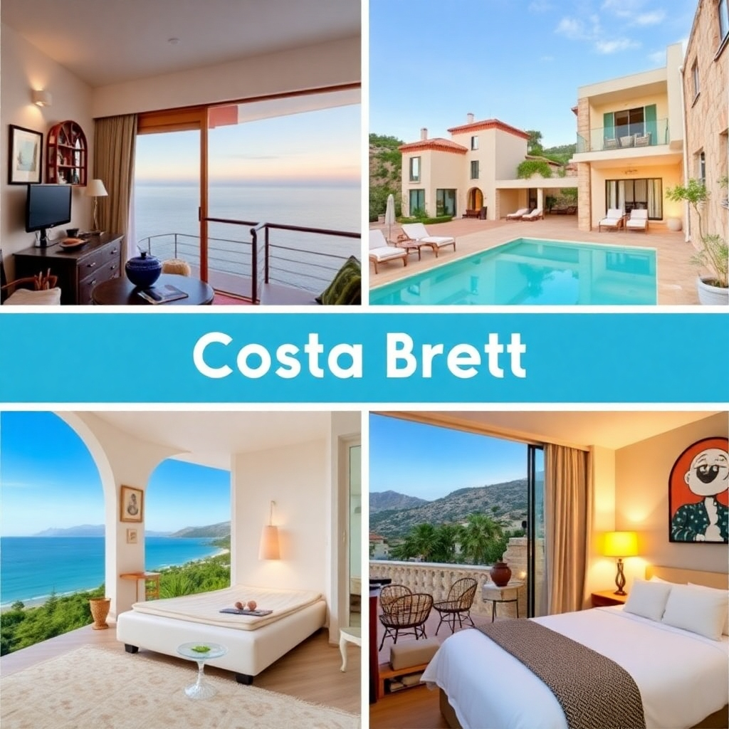Showcase a collage of different types of vacation rentals available in the Costa Brava. Include images of a cozy apartment overlooking the sea, a luxurious villa with a private pool, and a charming boutique hotel room. The images should be diverse and visually appealing, highlighting the variety of options available to travelers. Use a clean and modern design with a consistent color palette to create a cohesive and professional look. Each image should represent a different price point and style of accommodation. Aim for a high-quality image that captures the essence of each rental property. Style: Clean architectural photography with warm, inviting lighting.