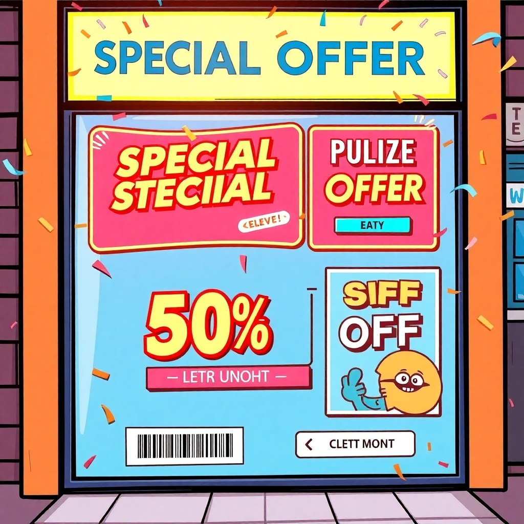 Showcase a digital display with flashing special offer banners and discount codes for vacation rentals. Include elements like confetti or celebratory graphics to create a sense of excitement and urgency. The design should be eye-catching and dynamic, drawing attention to the available deals. Style: Pop art and advertising illustration blend.