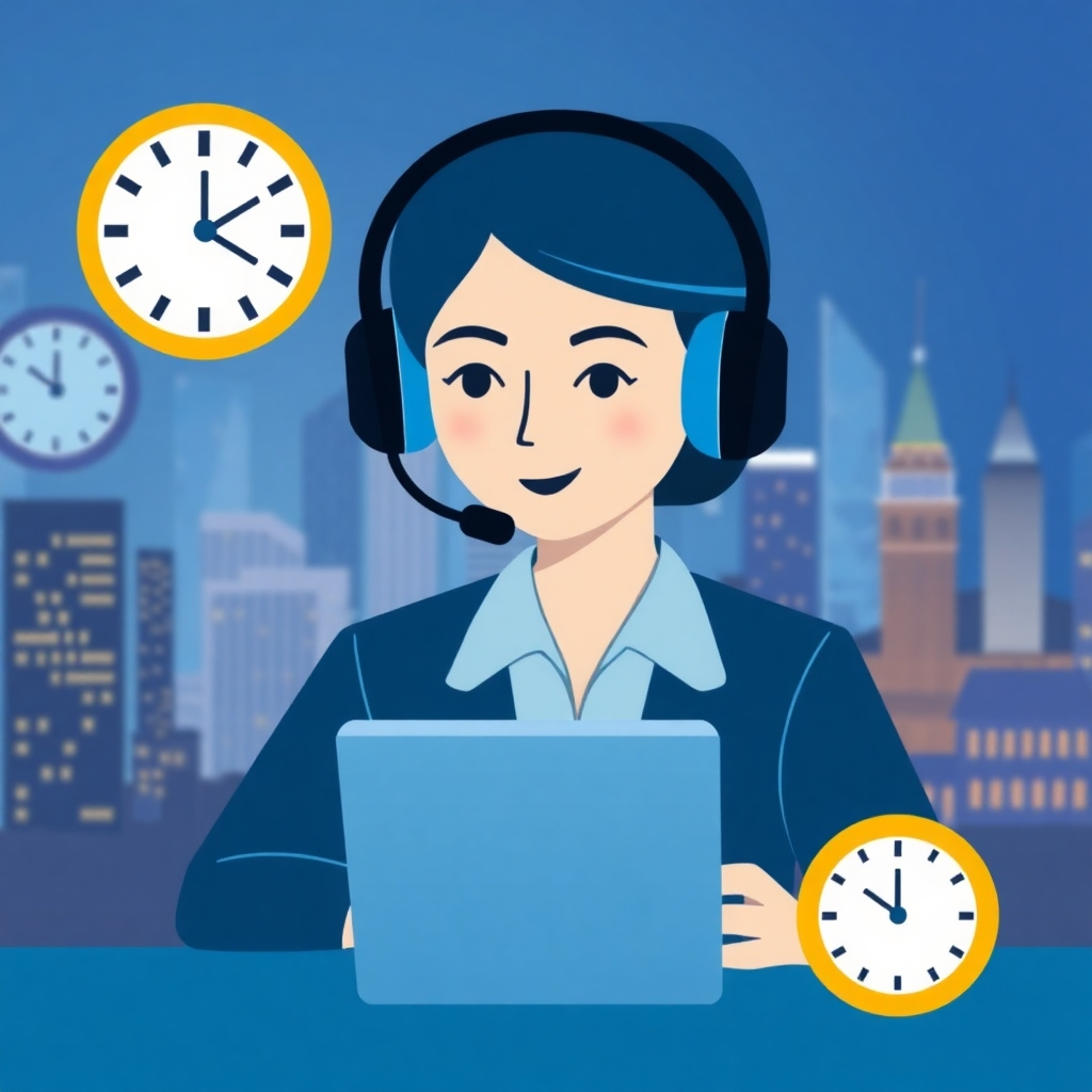 Showcase a stylized image of a support representative wearing a headset, providing assistance to a client via a digital device. The background should include elements that represent round-the-clock availability, such as a clock or a cityscape at night. Style: modern graphic design with a focus on reliability and responsiveness.
